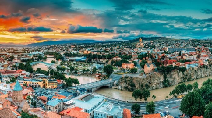 Tbilisi, Georgia. Panorama Cityscape Of Summer Old Town. Metekhi