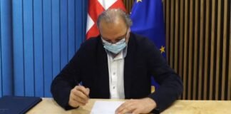 გრიგოლ ვაშაძე შეთანხმების დოკუმენტს ხელს აწერს