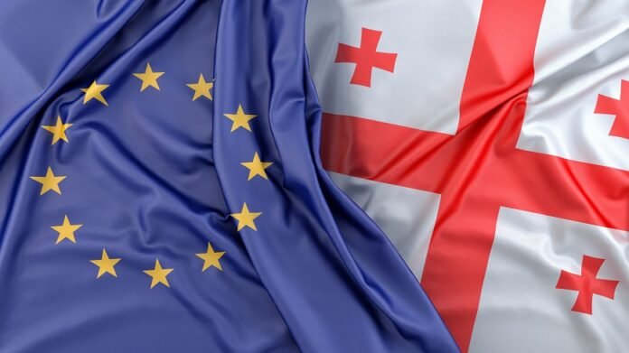 Ruffled,Flags,Of,European,Union,And,Georgia.,3d,Rendering